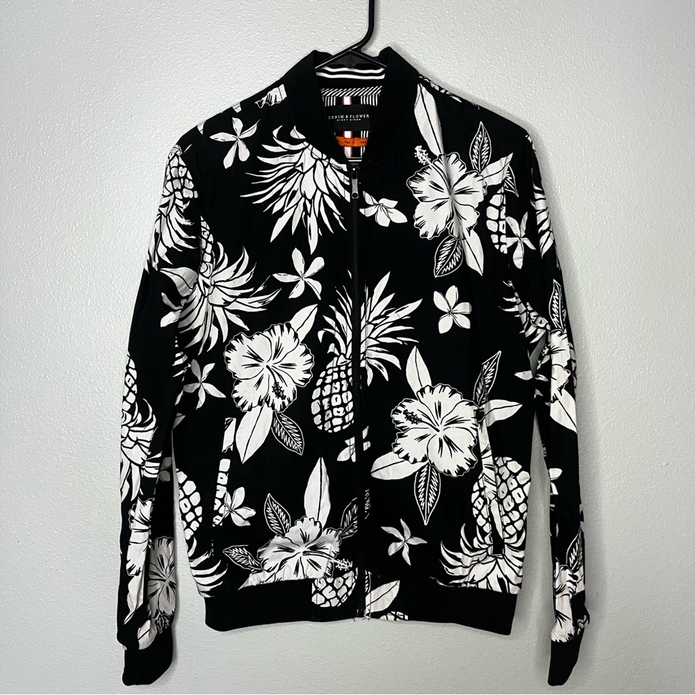 Denim & Flower Ricky Singh Zip Up Jacket Women‎ Medium Black White Tropical